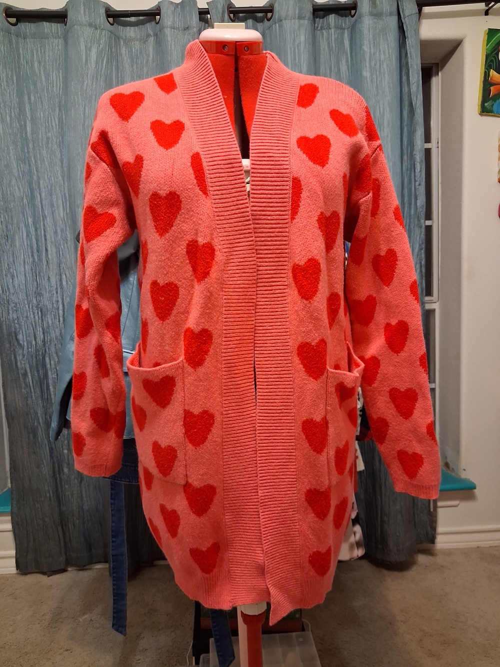 Magnolia Pink Cardigan with Red Heart Pattern